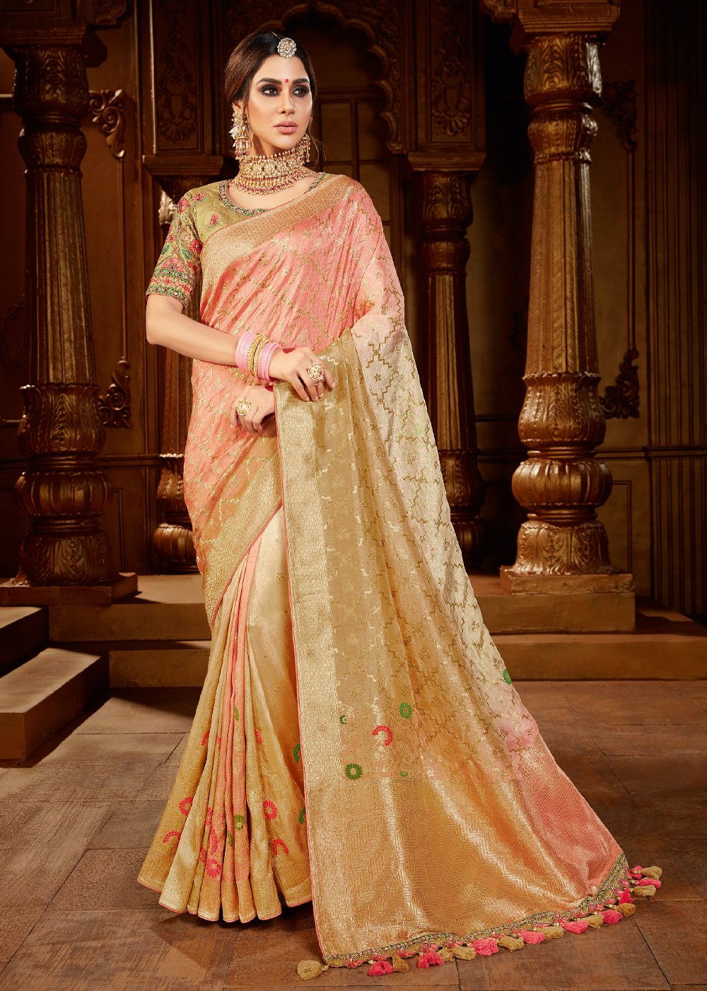 Buy MySilkLove Twine Cream and Pink Handloom Woven Banarasi Saree Online