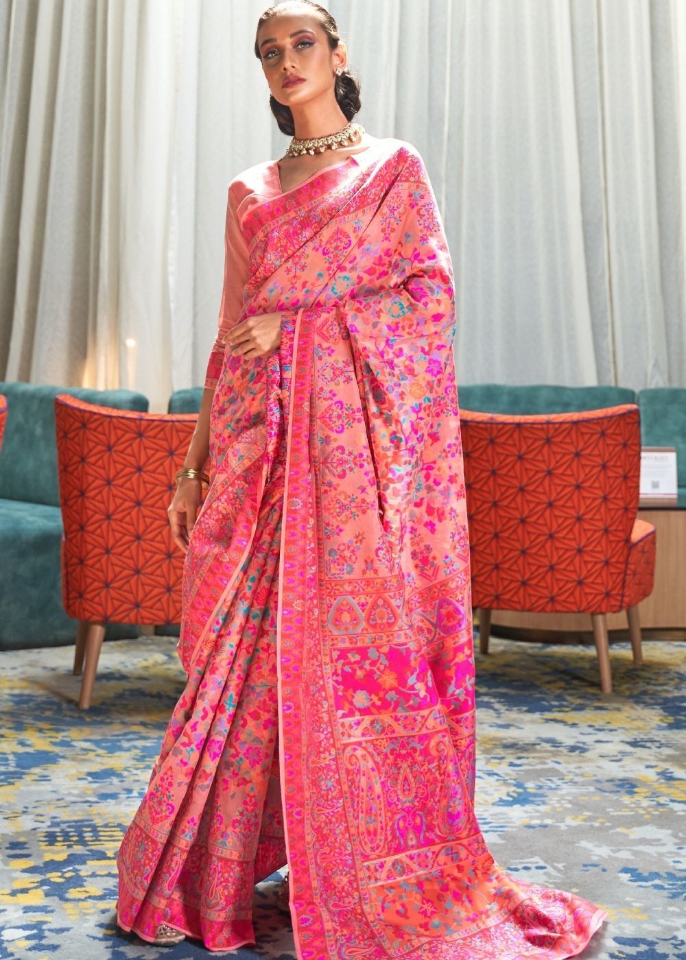Buy MySilkLove Mandy Pink Banarasi Jamawar Woven Silk Saree Online