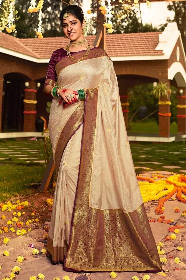 Buy MySilkLove Calico Cream and Brown Zari Woven Kanjivaram Saree Online