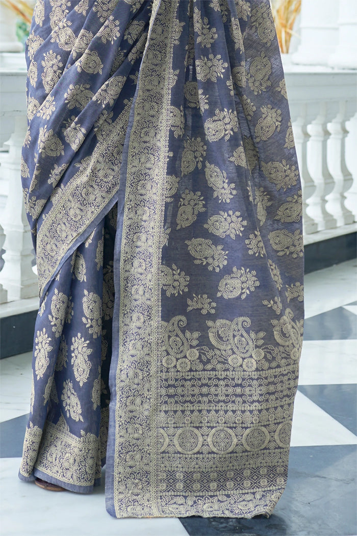 Buy MySilkLove Manatee Bluish Grey Chikankari Woven Saree Online