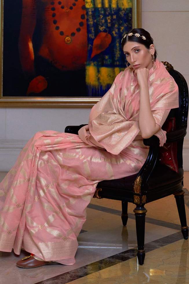 Buy MySilkLove Oriental Pink Chanderi Banarasi Silk Saree Online