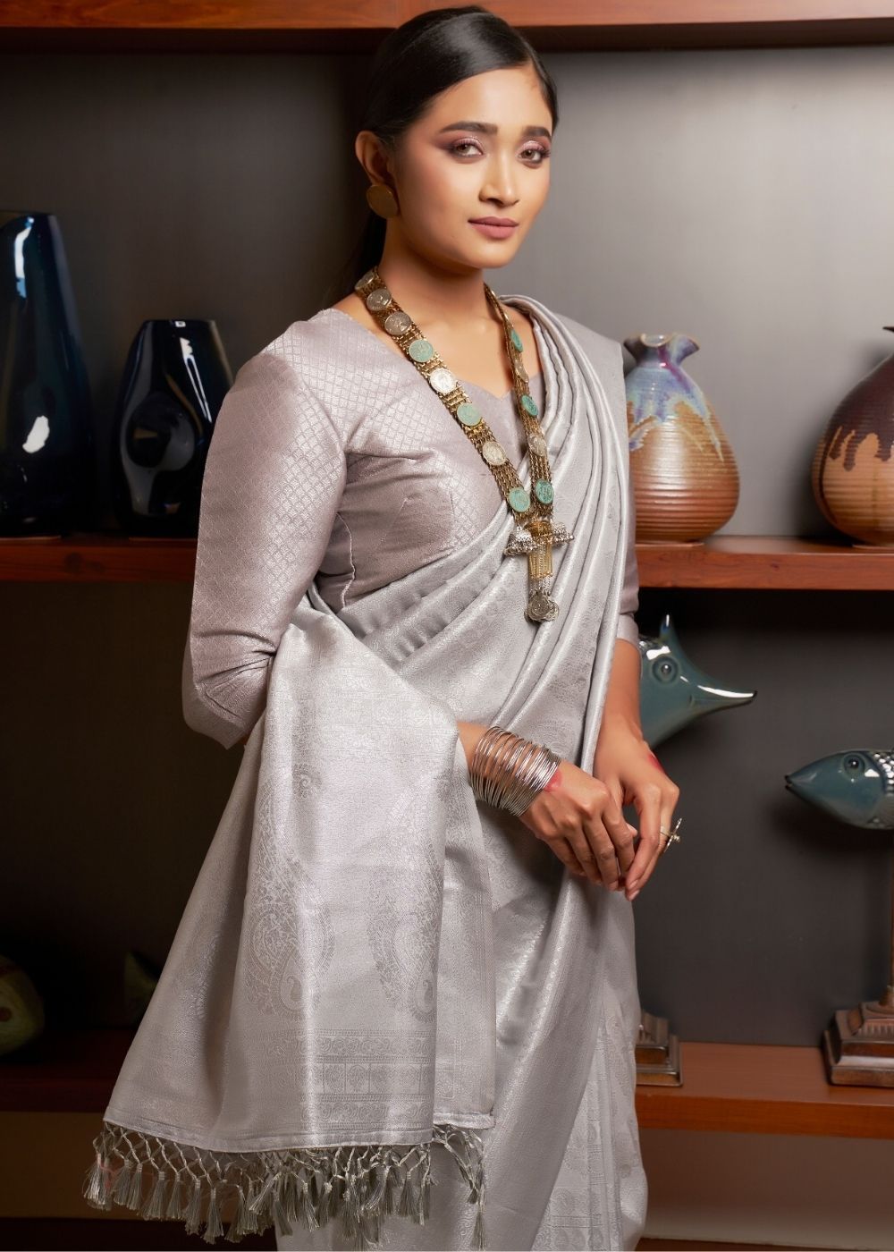 Buy MySilkLove Silver Zari Woven Kanjivaram Silk Saree Online