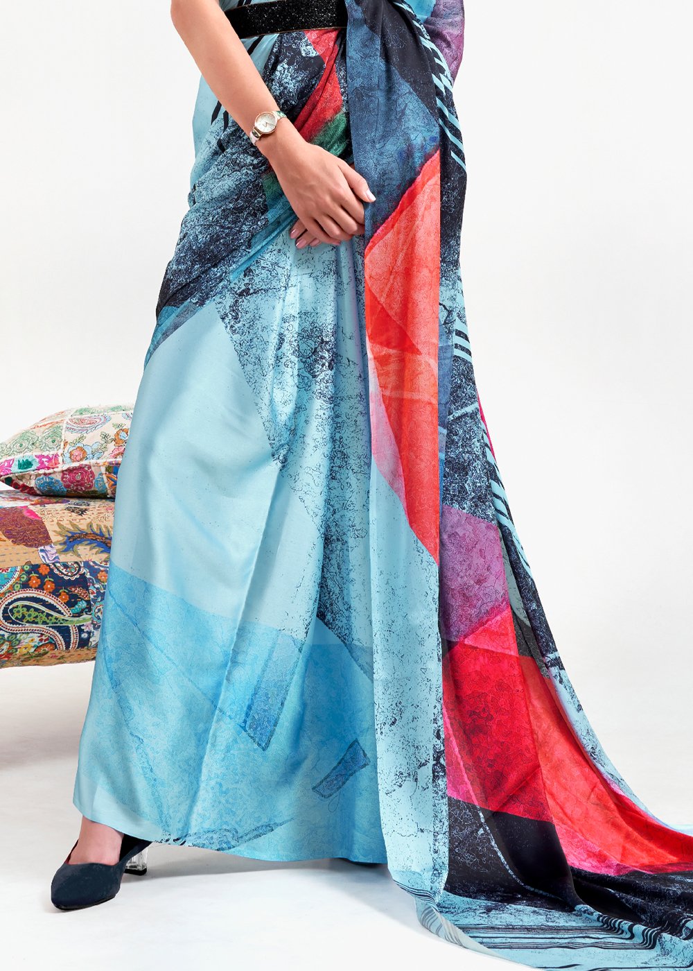 Buy MySilkLove Half Baked Blue Printed Satin Silk Saree Online
