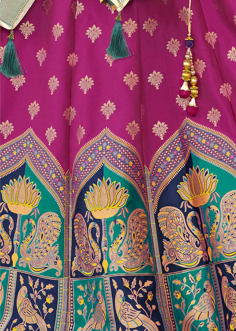 Buy MySilkLove Crown Of Thorns Pink and Green Banarasi Silk Lehenga Choli Online