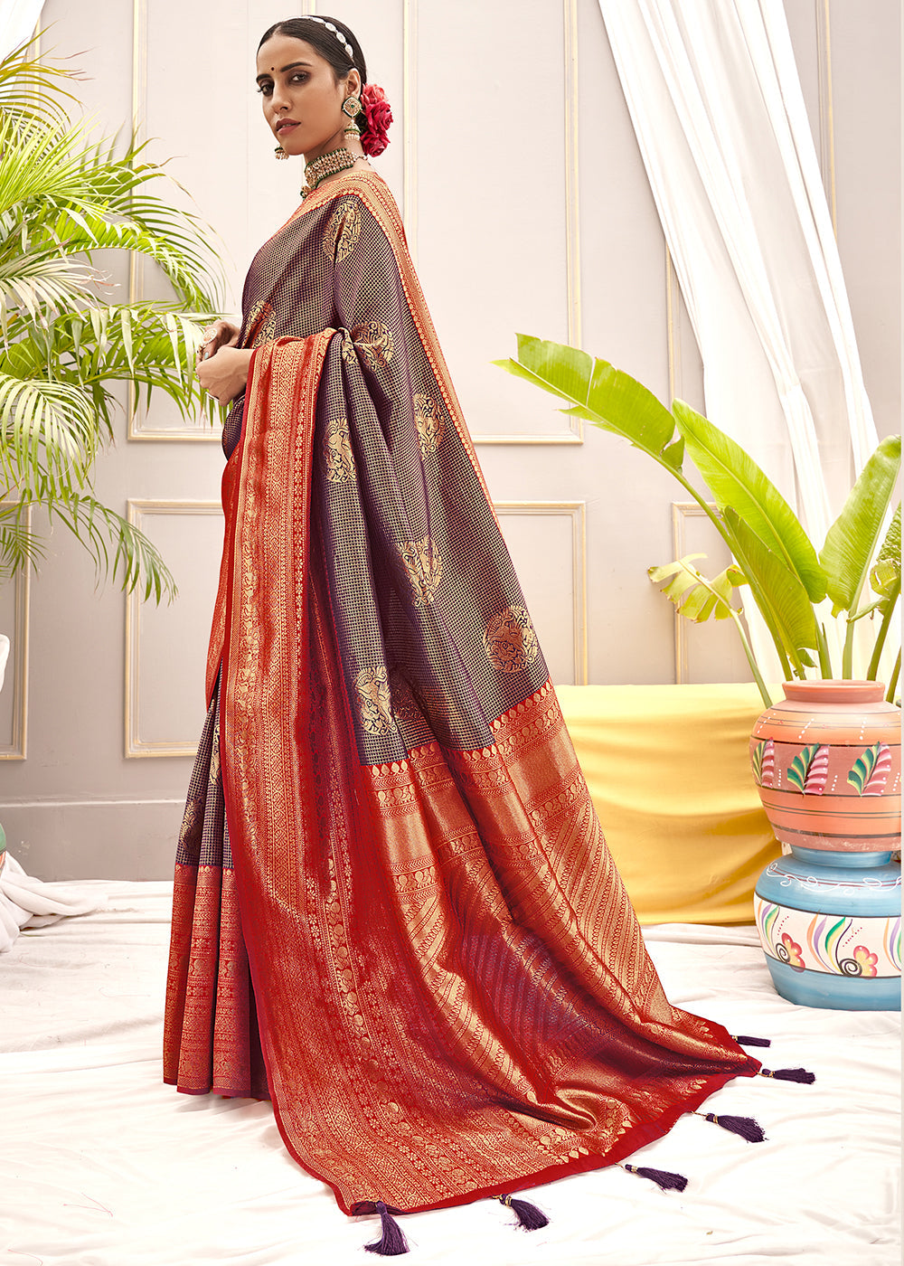 Buy MySilkLove Teak Purple and Red Zari Woven Banarasi Saree Online