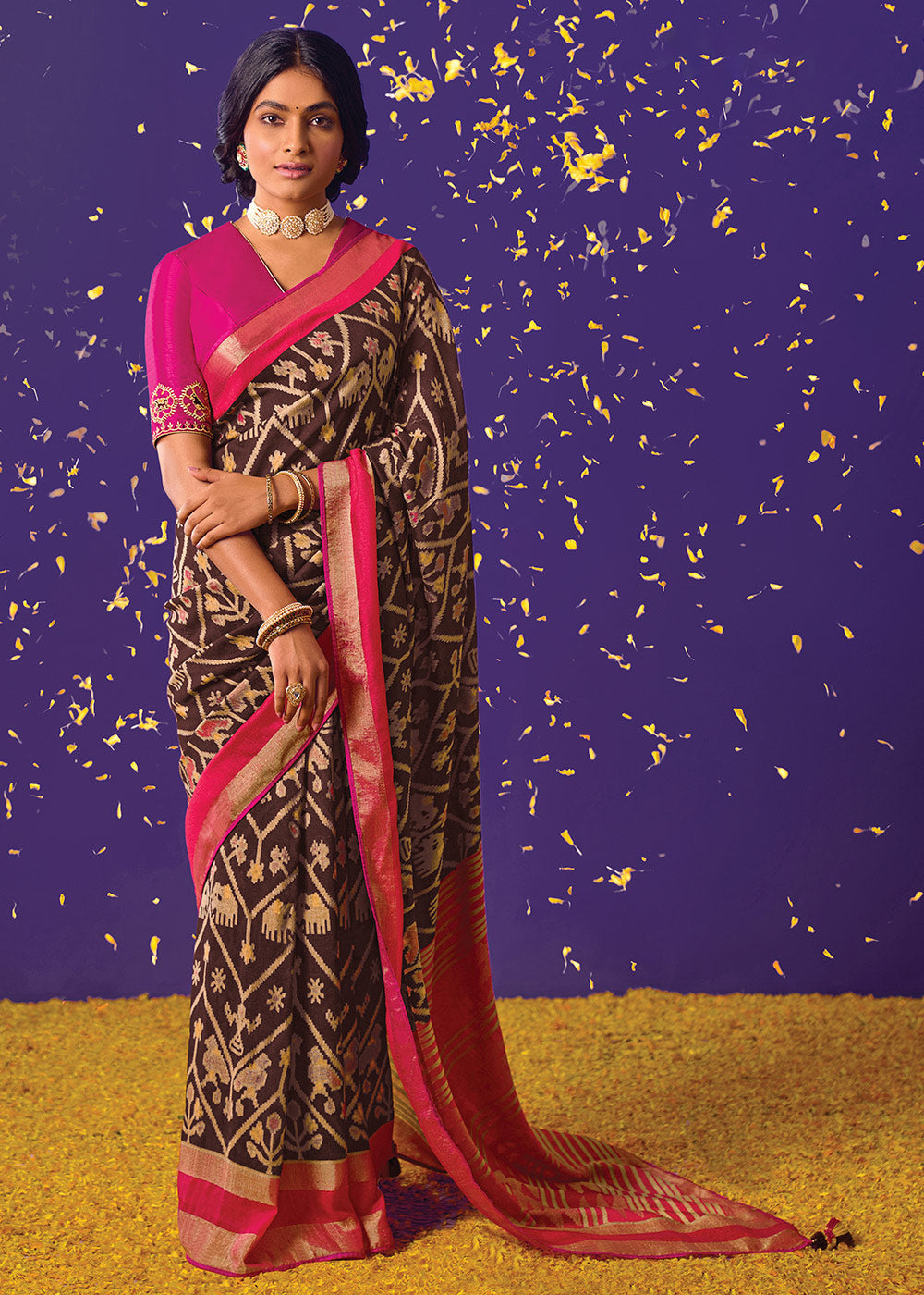 Buy MySilkLove Congo Brown Printed Paithani Saree With Embroidered Blouse Online