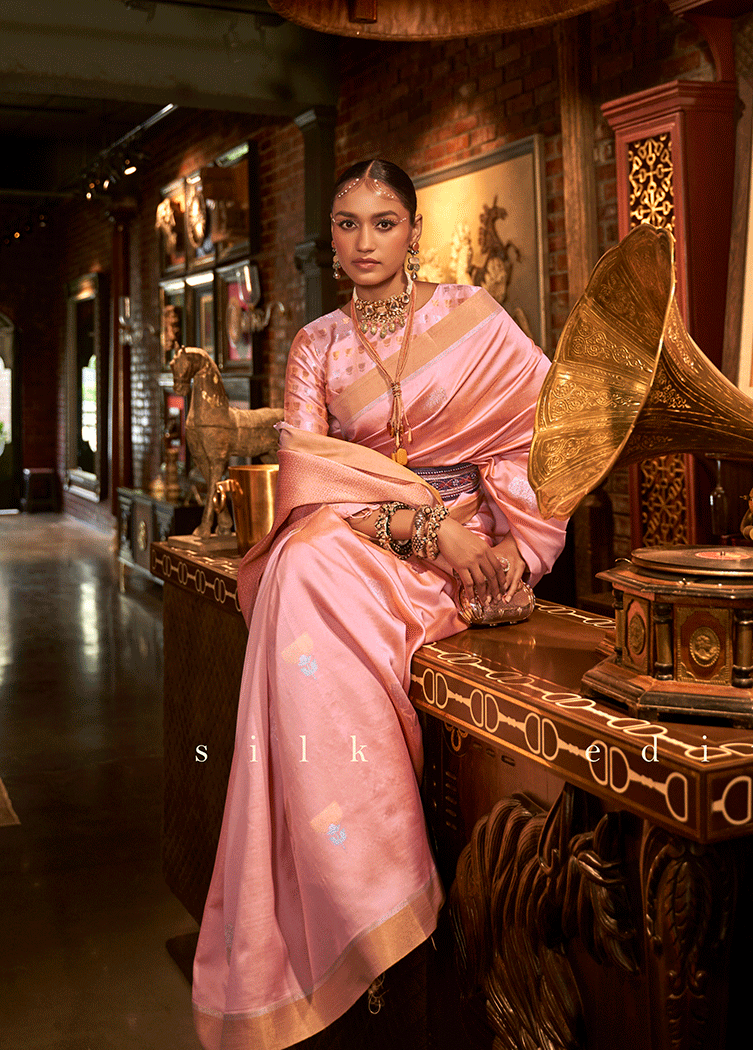 Buy MySilkLove Mona Lisa Pink Zari Woven Banarasi Satin Silk Saree Online
