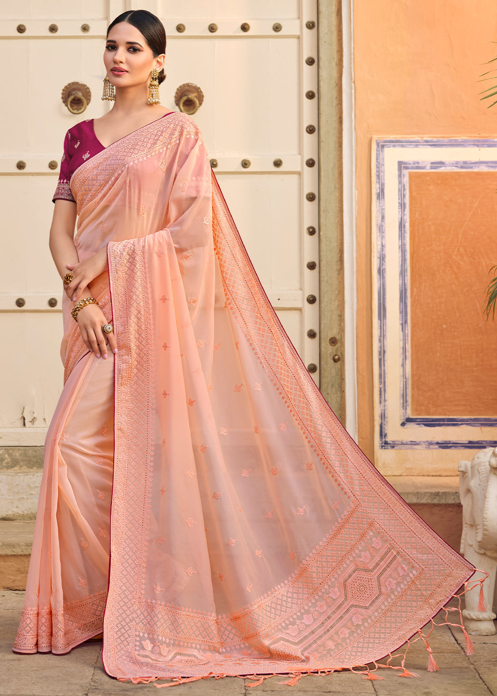 Buy MySilkLove Wax Flower Pink Woven Organza Saree with Embroidery Work Online