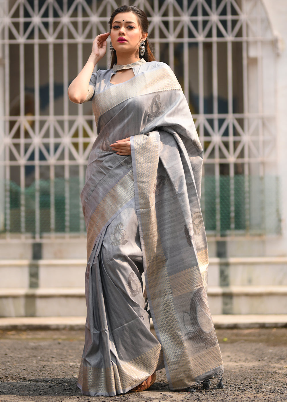 Buy MySilkLove Wafer Grey Woven Soft Silk Saree Online