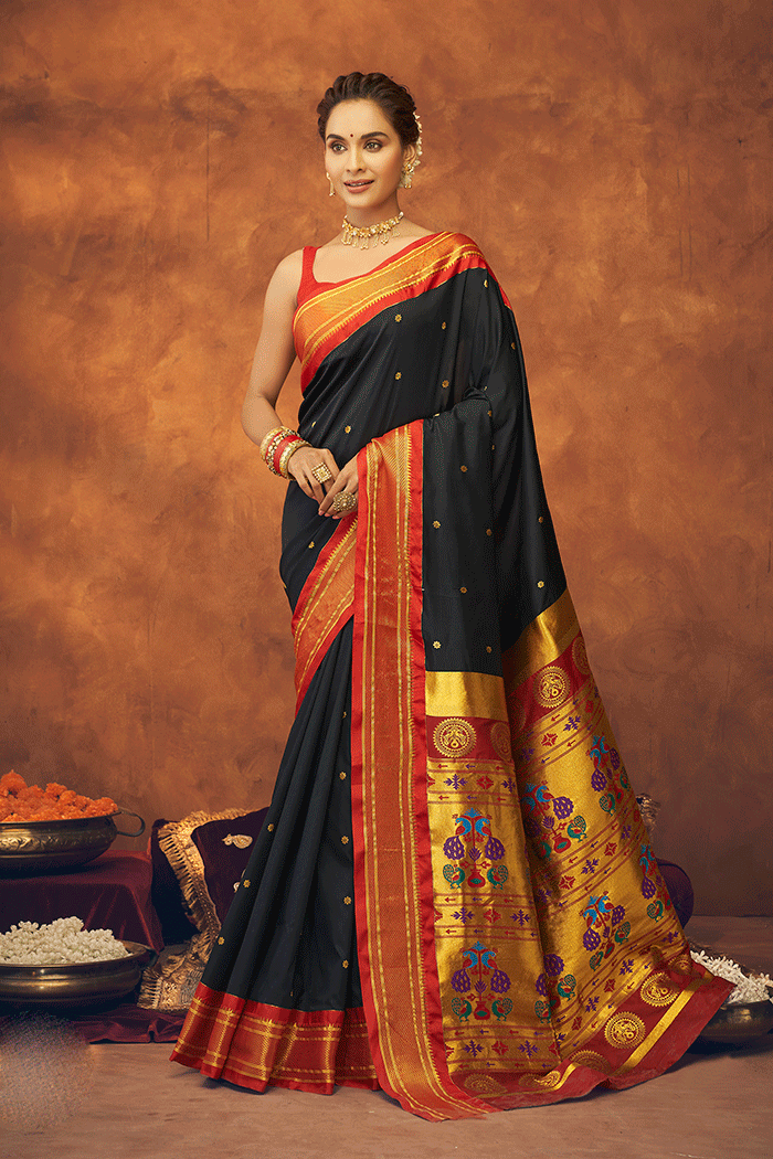 Buy MySilkLove Mine Shaft Black and Red Zari Woven Paithani Saree Online