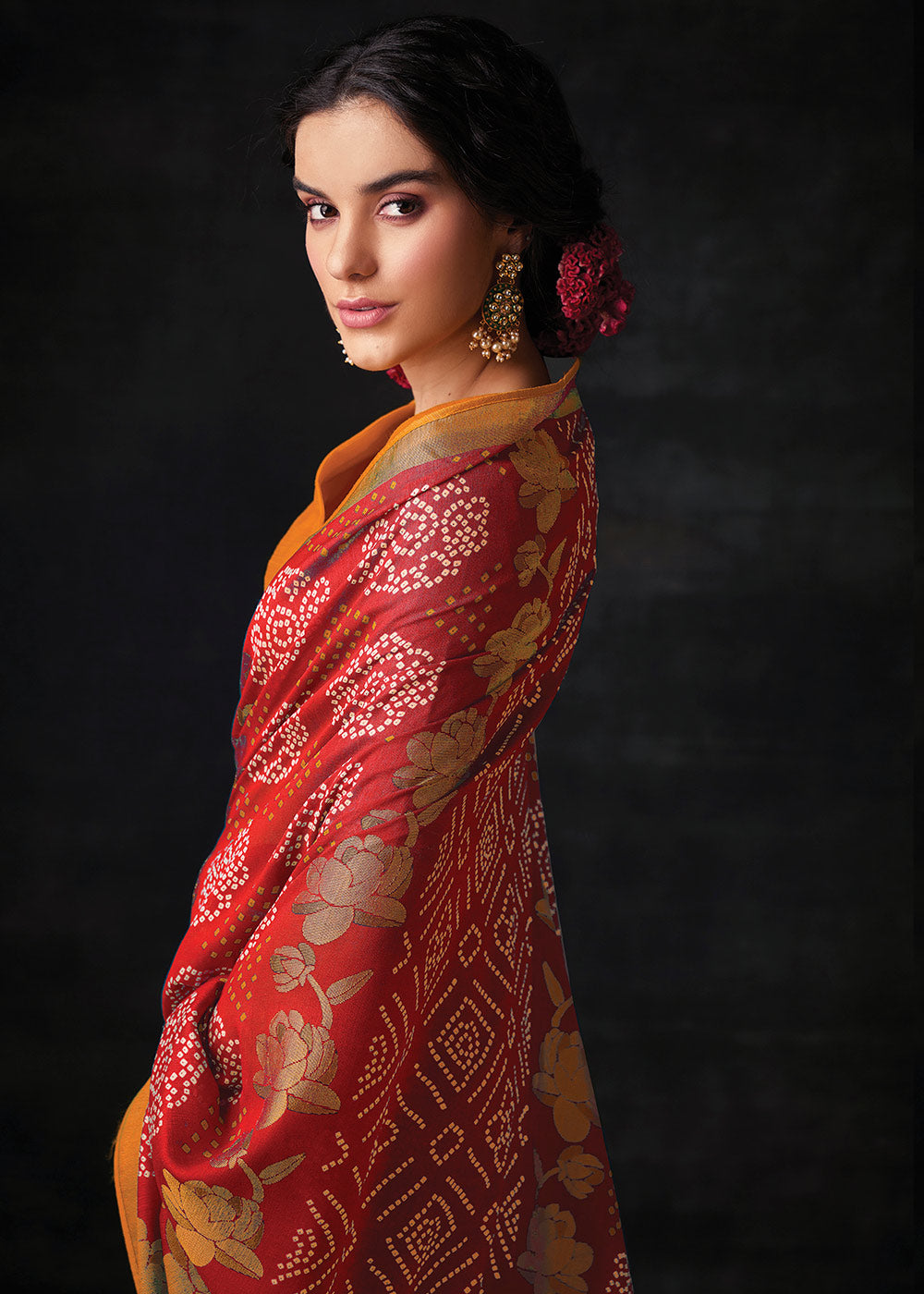 MySilkLove Punch Red Bandhani Print Soft Silk Saree