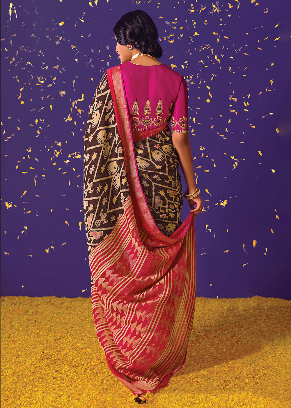 MySilkLove Congo Brown Printed Paithani Saree With Embroidered Blouse