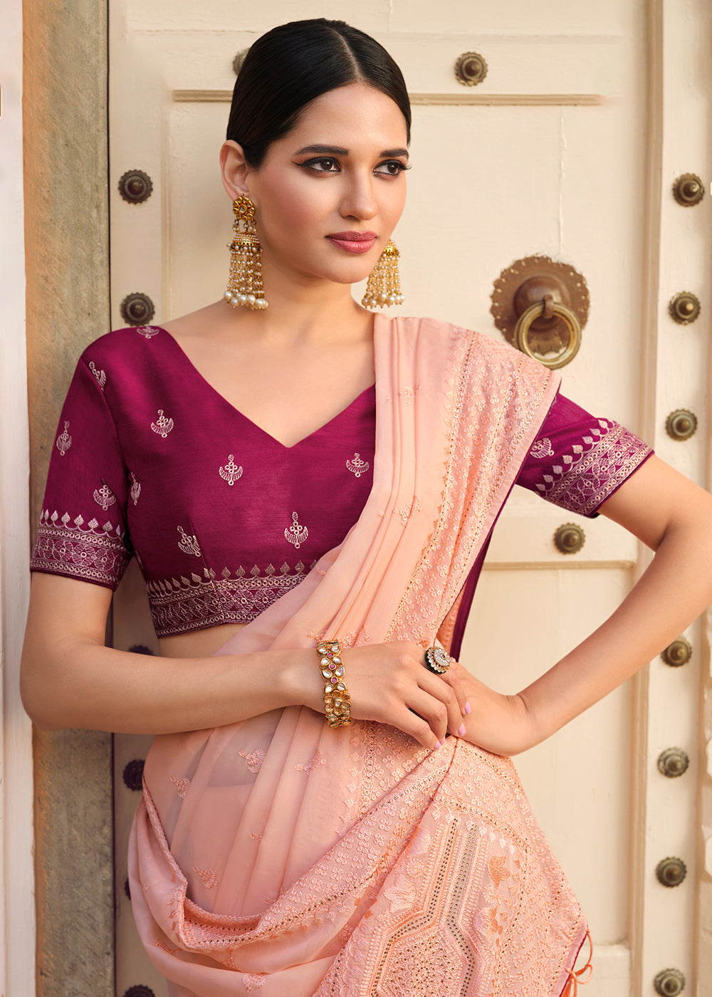 Buy MySilkLove Wax Flower Pink Woven Organza Saree with Embroidery Work Online