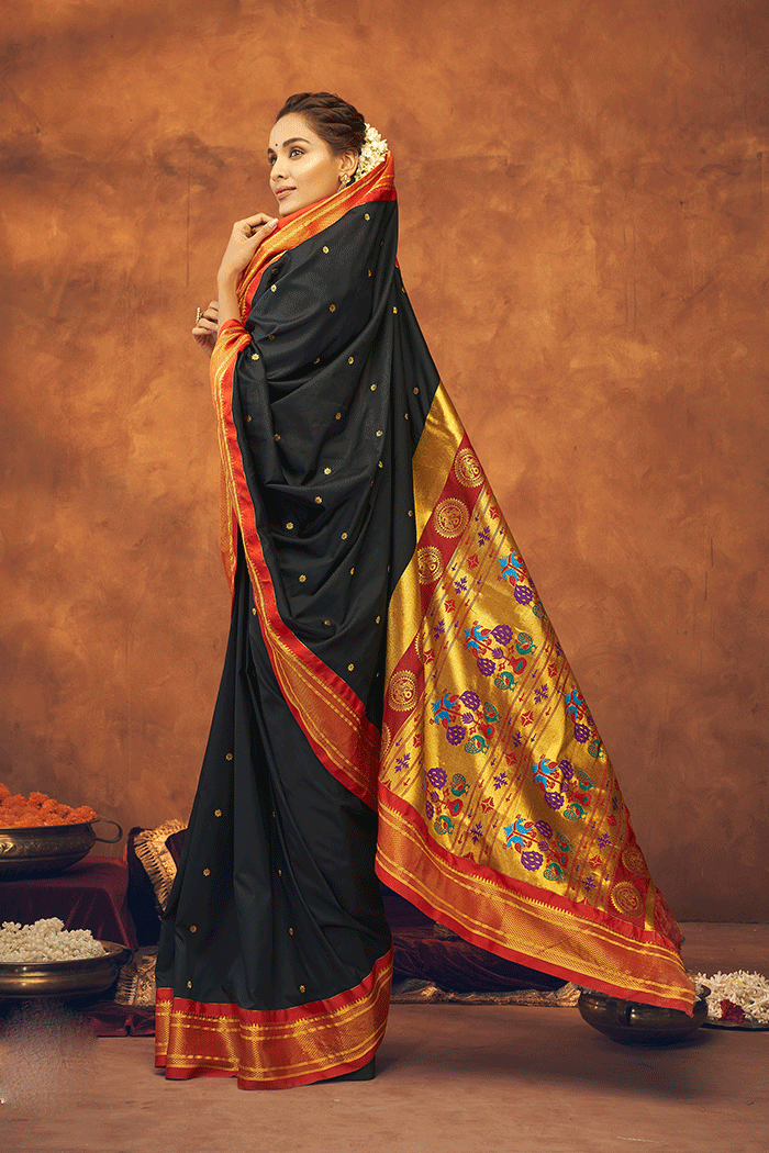 Buy MySilkLove Mine Shaft Black and Red Zari Woven Paithani Saree Online