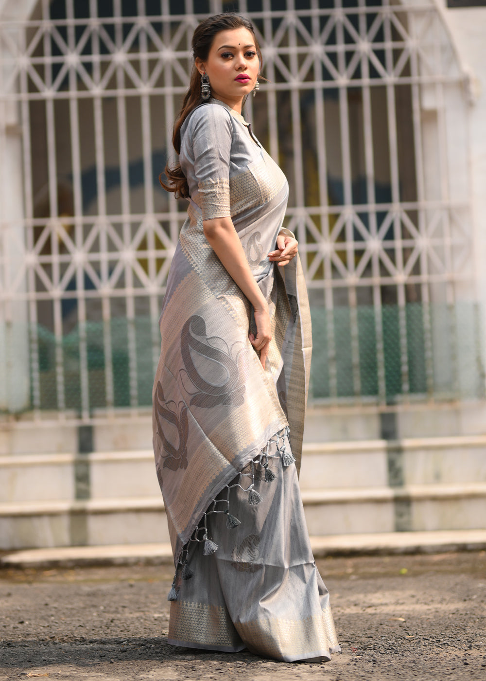 Buy MySilkLove Wafer Grey Woven Soft Silk Saree Online