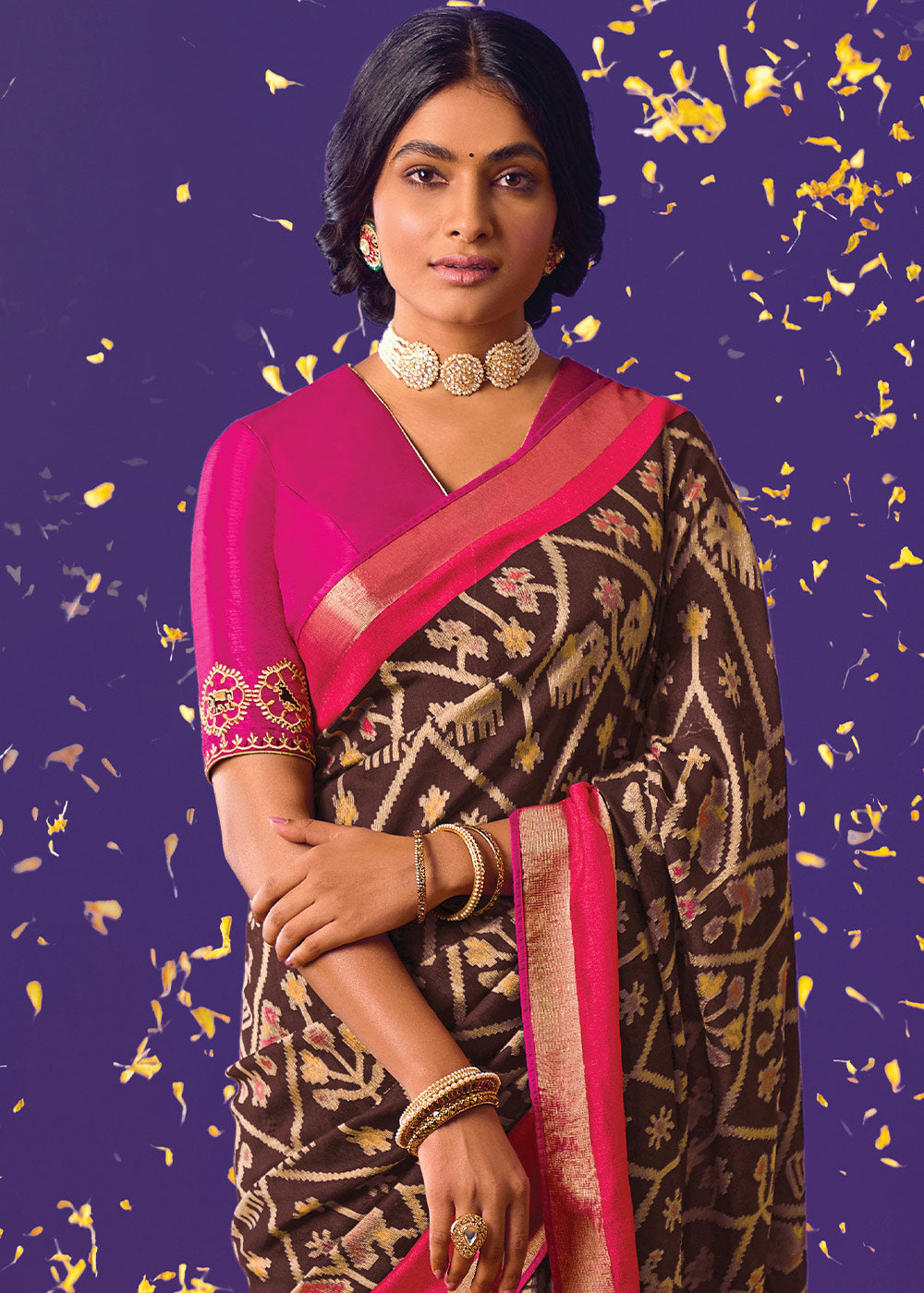 Buy MySilkLove Congo Brown Printed Paithani Saree With Embroidered Blouse Online