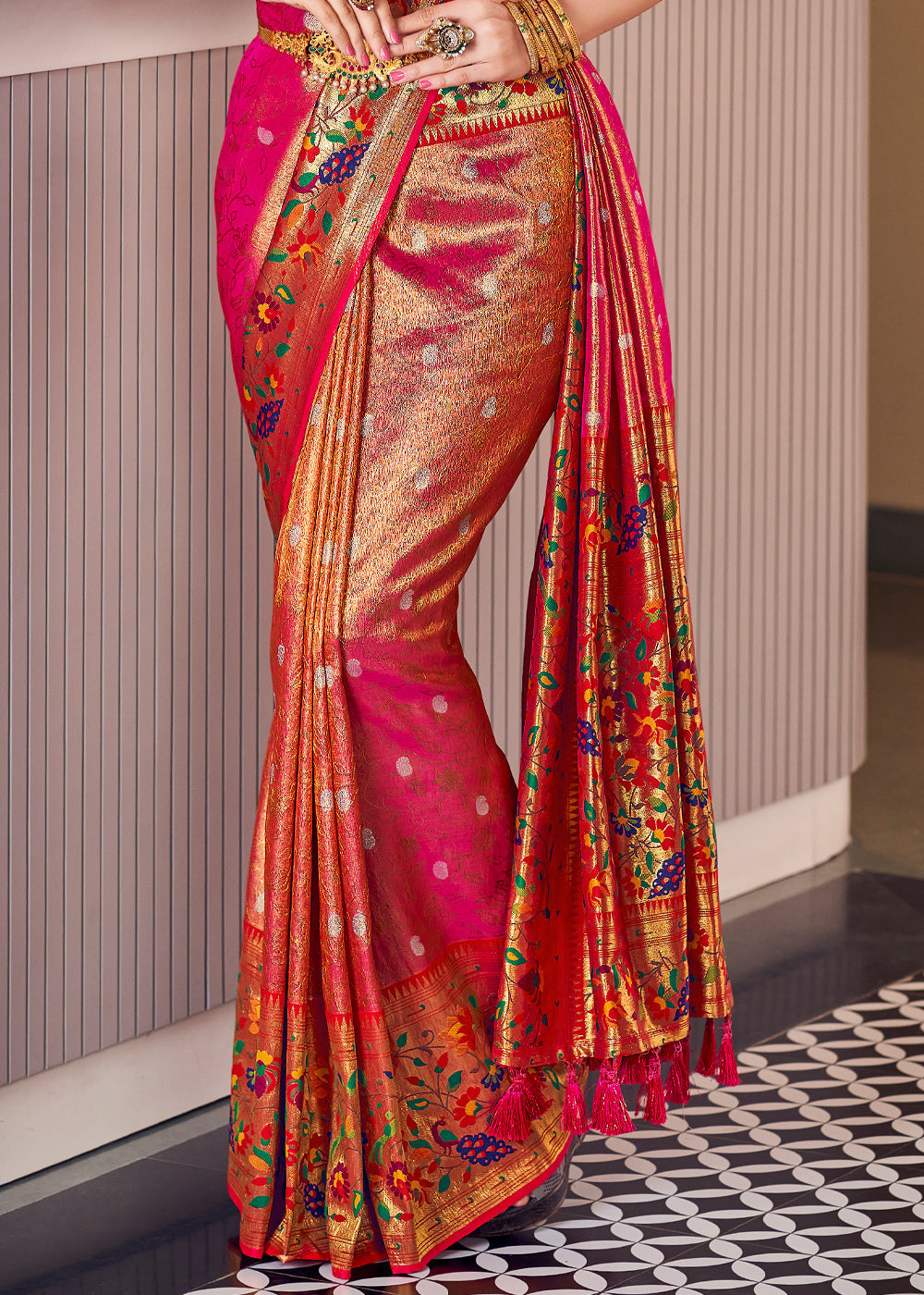 Buy MySilkLove Red Rose Pearl Woven Paithani Silk Saree Online