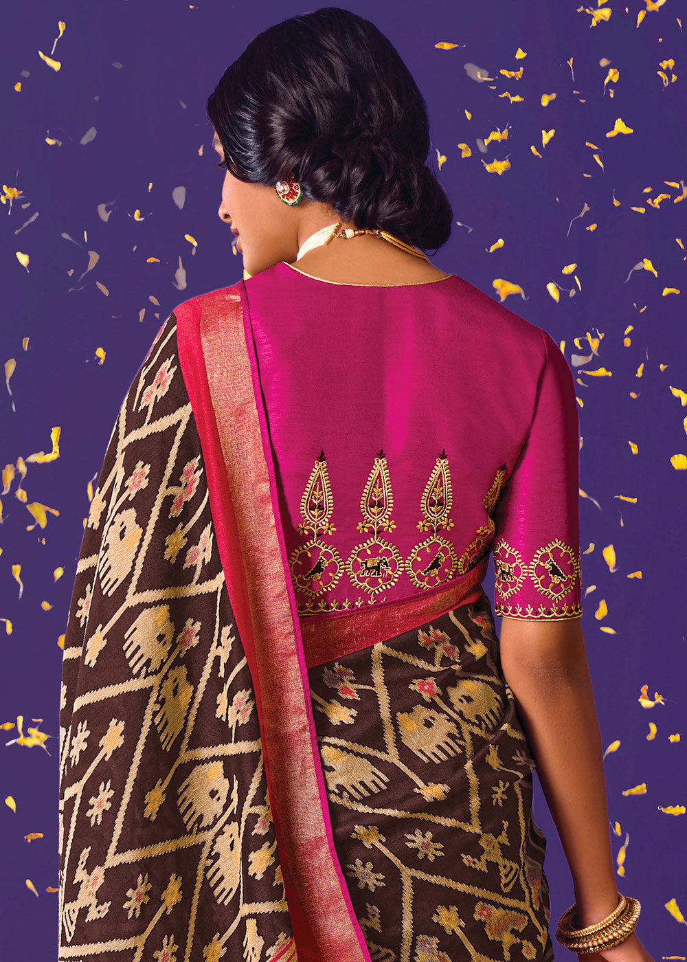 Buy MySilkLove Congo Brown Printed Paithani Saree With Embroidered Blouse Online