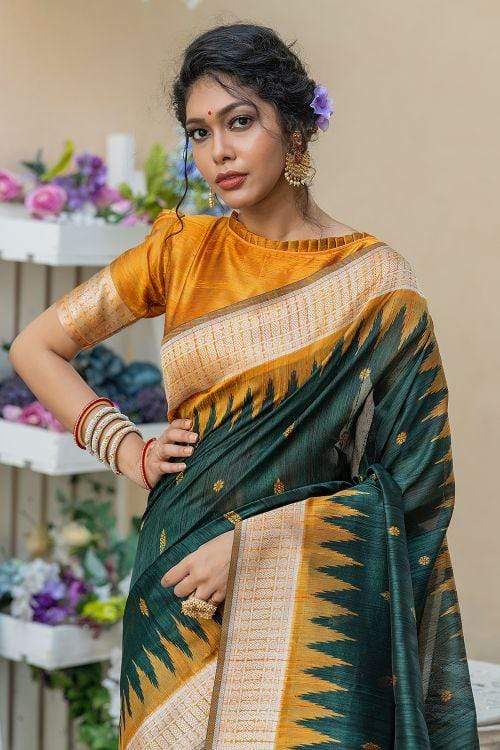 Buy MySilkLove Timber Green Banarasi Raw Silk Saree Online