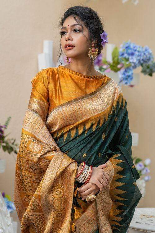 Buy MySilkLove Timber Green Banarasi Raw Silk Saree Online