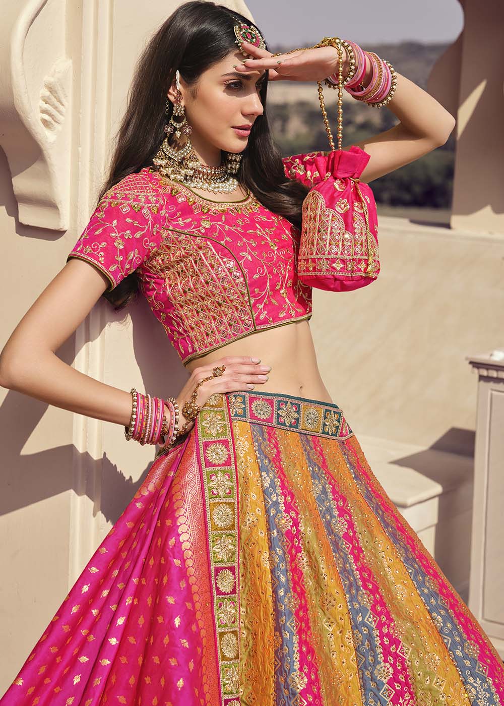 Buy MySilkLove Equator Multi Colour Banarasi Silk Lehenga Choli Online