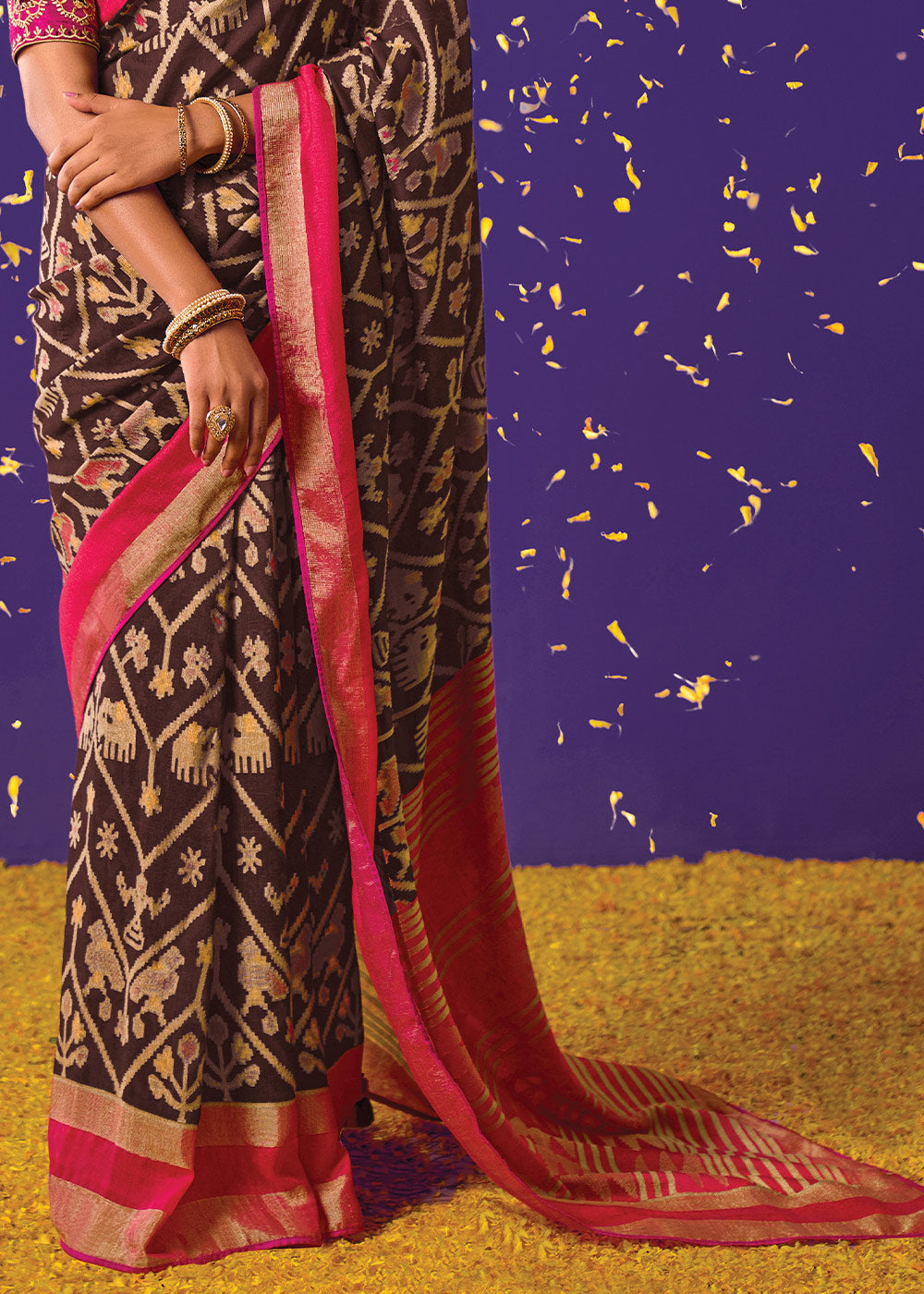 Buy MySilkLove Congo Brown Printed Paithani Saree With Embroidered Blouse Online