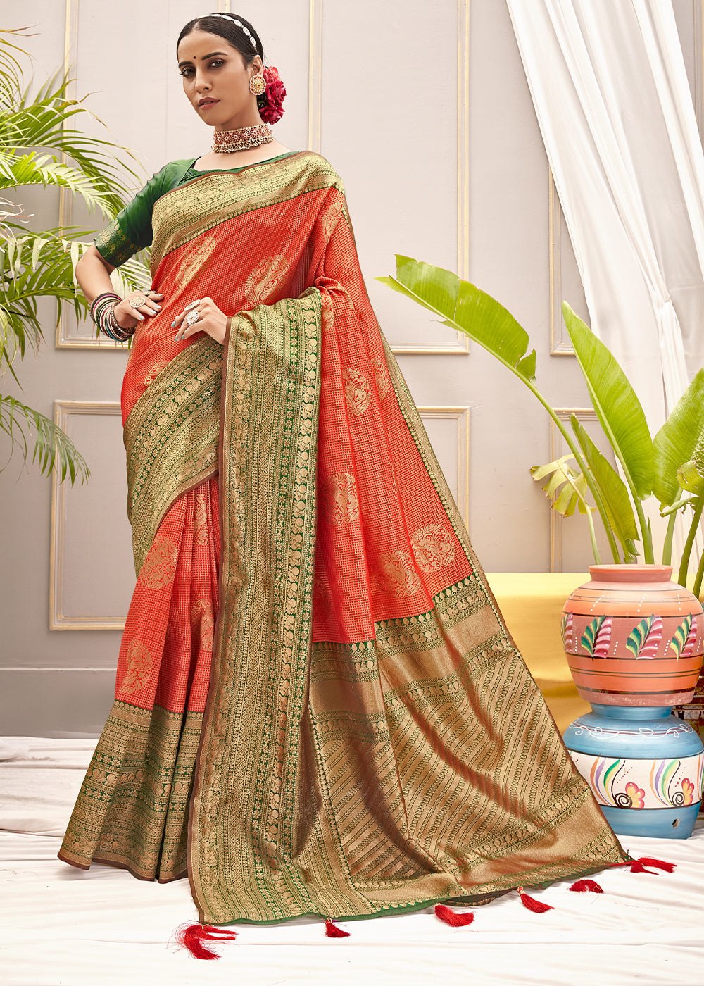 Buy MySilkLove Jelly Orange and Green Zari Woven Banarasi Saree Online