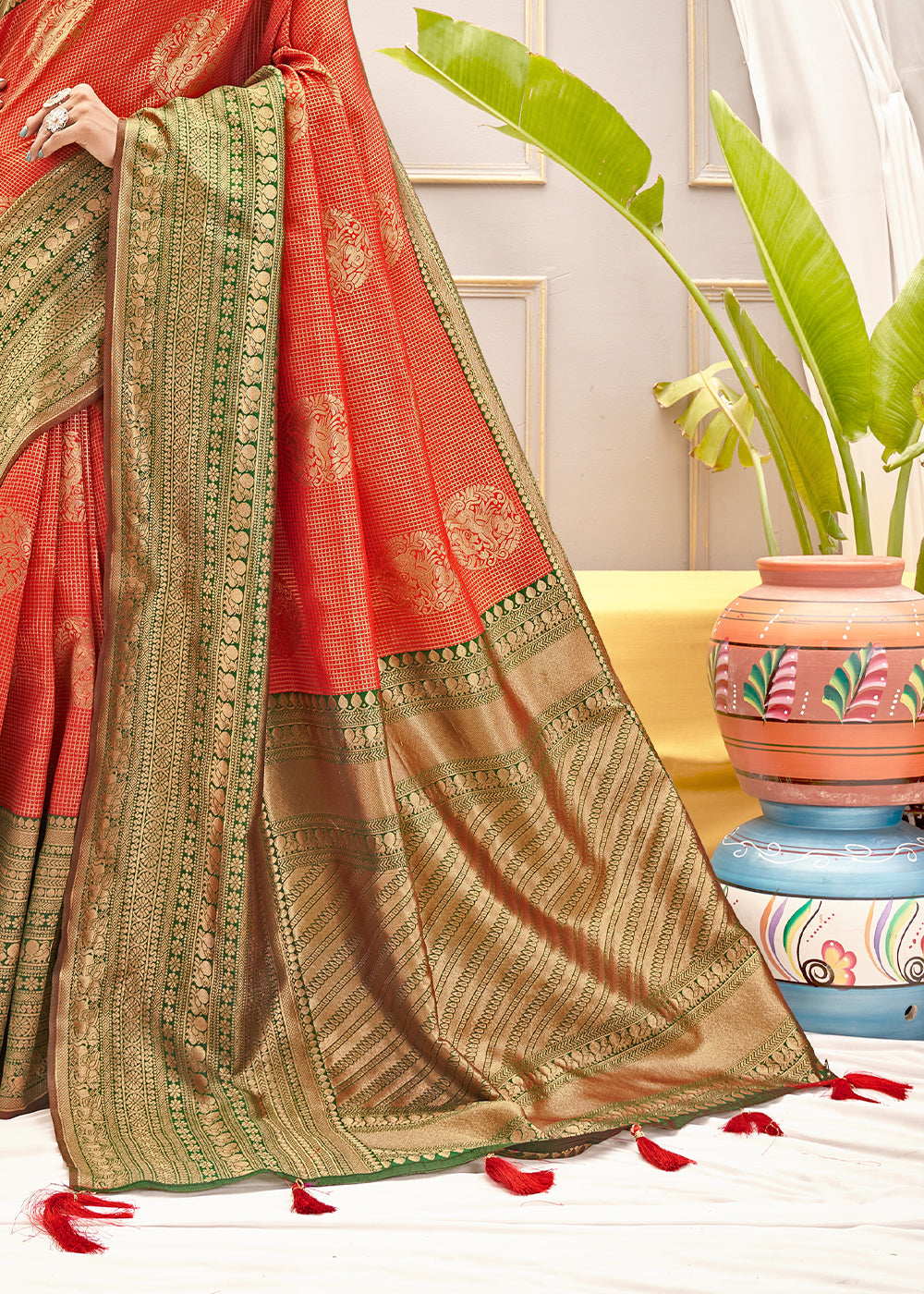 Buy MySilkLove Jelly Orange and Green Zari Woven Banarasi Saree Online