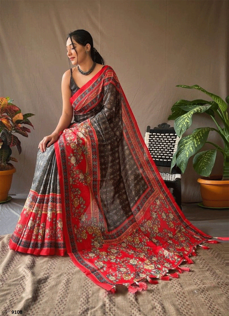 Buy MySilkLove Judge Grey and Red Kalamkari Printed Saree Online