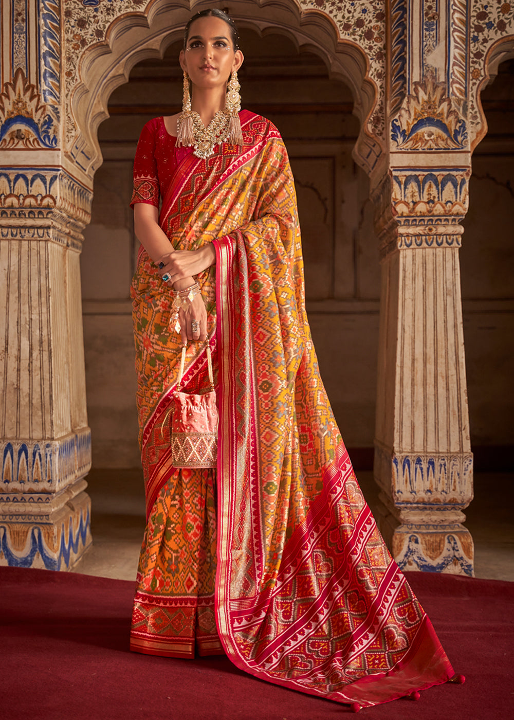 Buy MySilkLove Ochre Yellow and Pink Patola Silk Saree Online