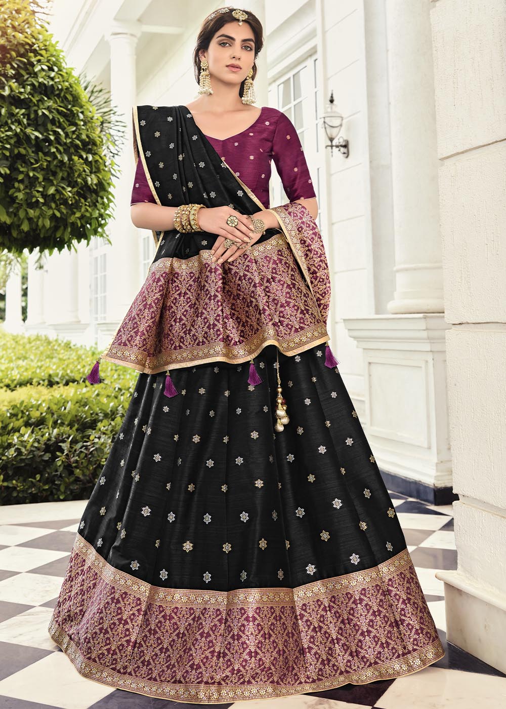 Buy MySilkLove Cod Gray Black and Purple Banarasi Silk Lehenga Choli Online