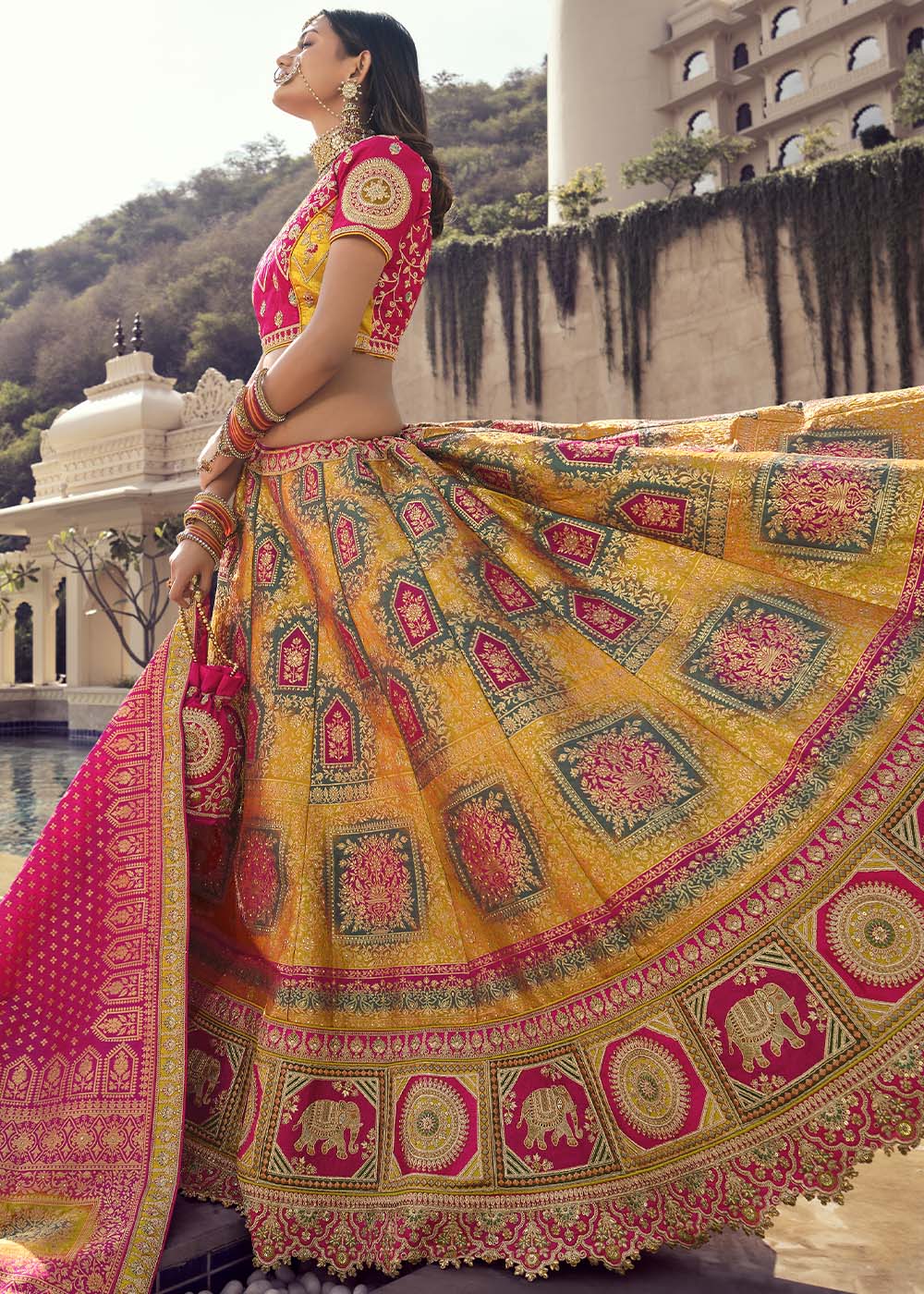 Buy MySilkLove Ronchi Yellow and Pink Banarasi Silk Lehenga Choli Online