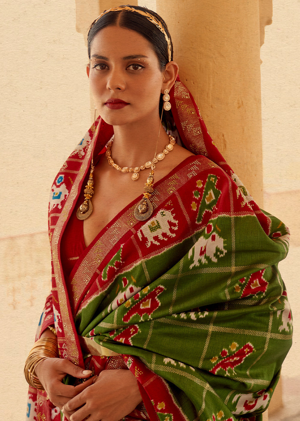 Buy MySilkLove Fern Frond Green and Red Printed Patola Silk Saree Online