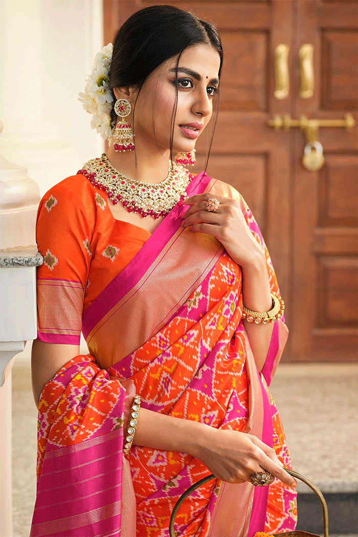 MySilkLove Coral Orange and Pink Patola Silk Saree