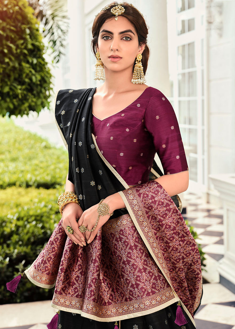 Buy MySilkLove Cod Gray Black and Purple Banarasi Silk Lehenga Choli Online