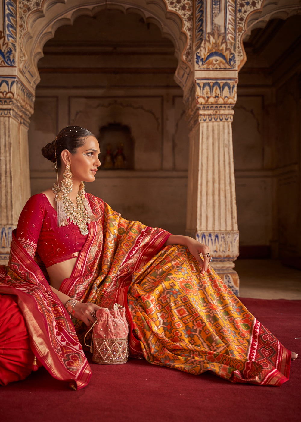 Buy MySilkLove Ochre Yellow and Pink Patola Silk Saree Online