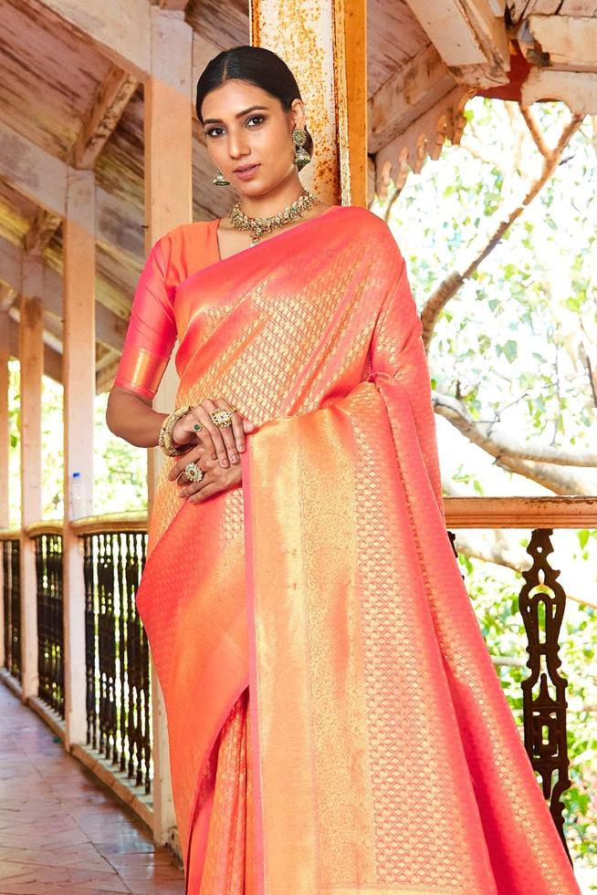 Buy MySilkLove Bittersweet Orange Zari Woven kanjivaram Silk Saree Online