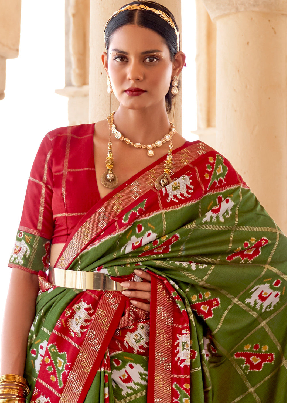 Buy MySilkLove Fern Frond Green and Red Printed Patola Silk Saree Online