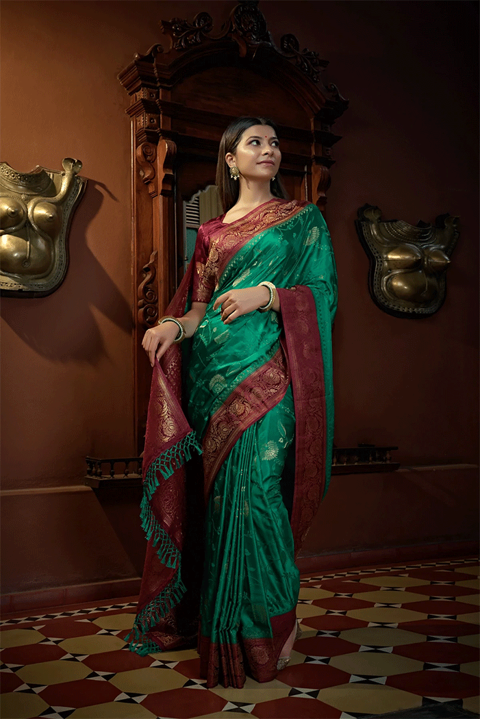 Buy MySilkLove Shiny Green and Red Zari Woven Kanjivaram Saree Online