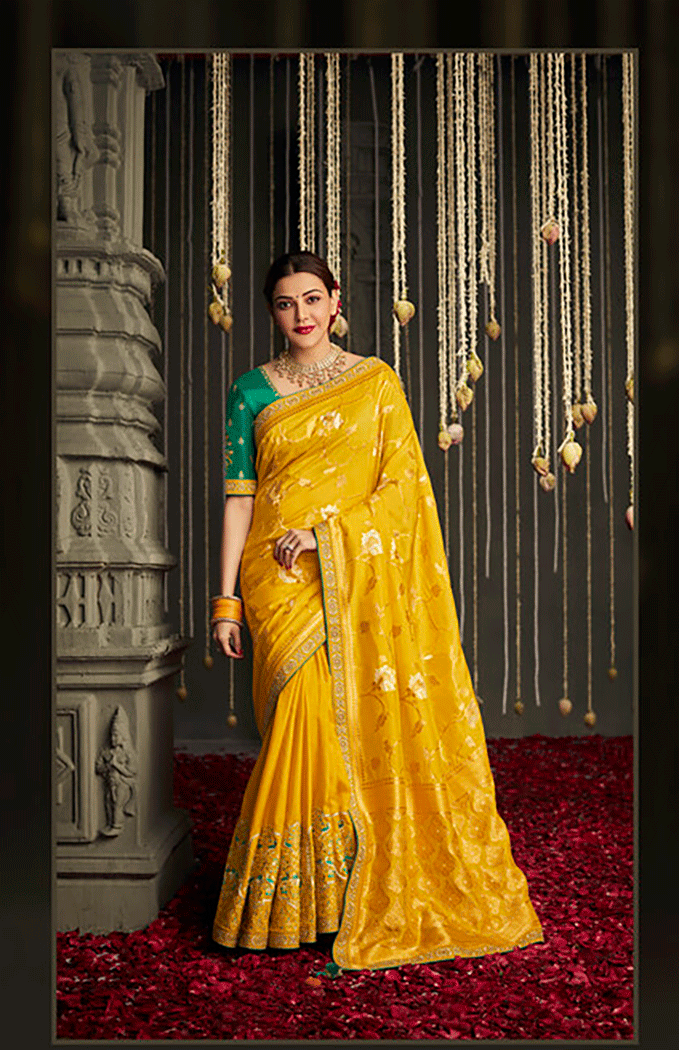 Buy MySilkLove Saffron Yellow Zari Woven Designer Banarasi Saree Online