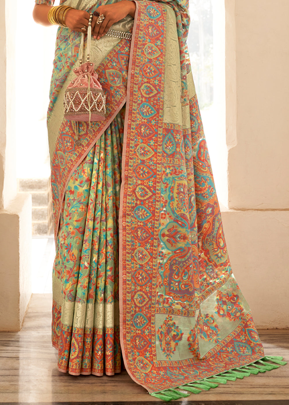 Buy MySilkLove Olive Green Woven Banarasi Jamewar Kashmiri Silk Saree Online