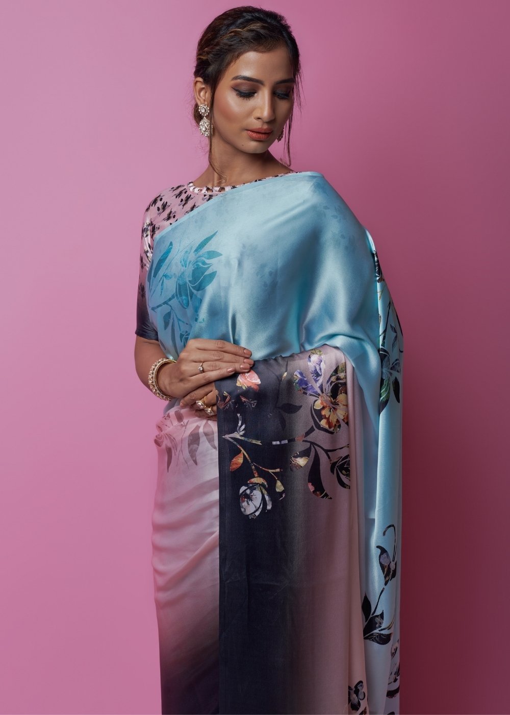 Buy MySilkLove Heather Blue and pink Printed Satin Silk Saree Online