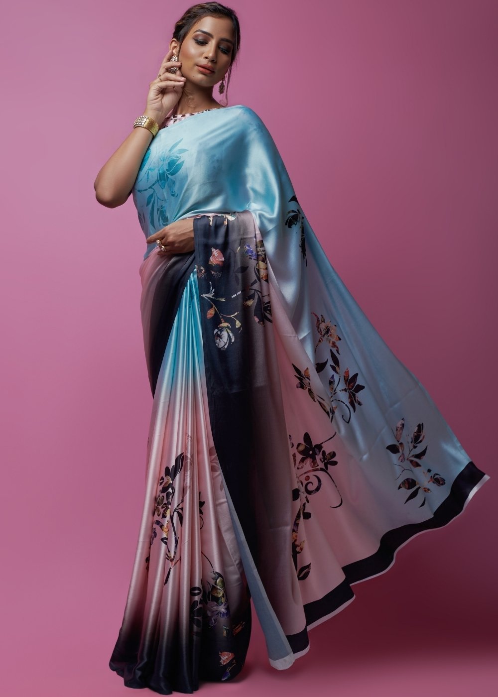 Buy MySilkLove Heather Blue and pink Printed Satin Silk Saree Online