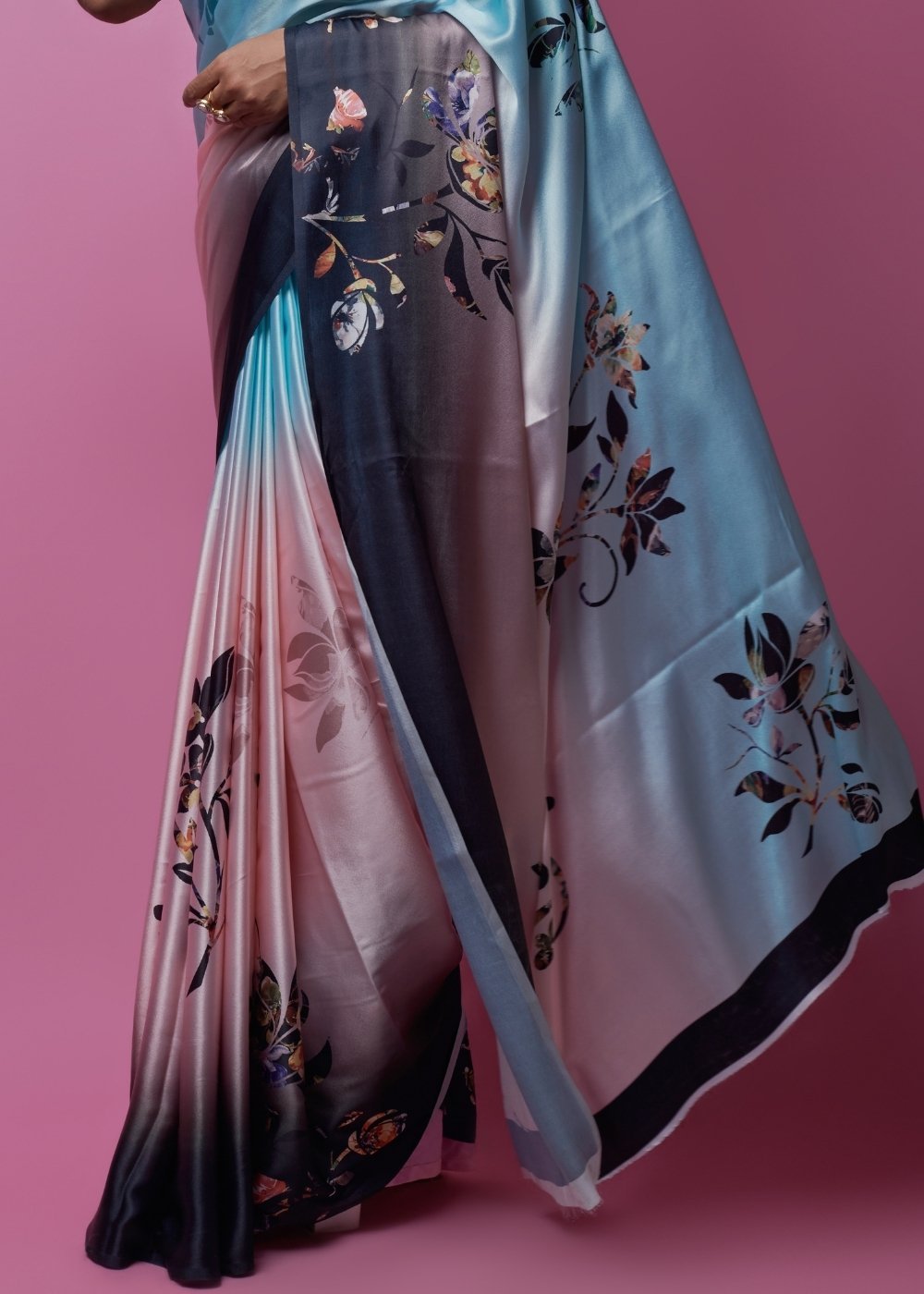 Buy MySilkLove Heather Blue and pink Printed Satin Silk Saree Online