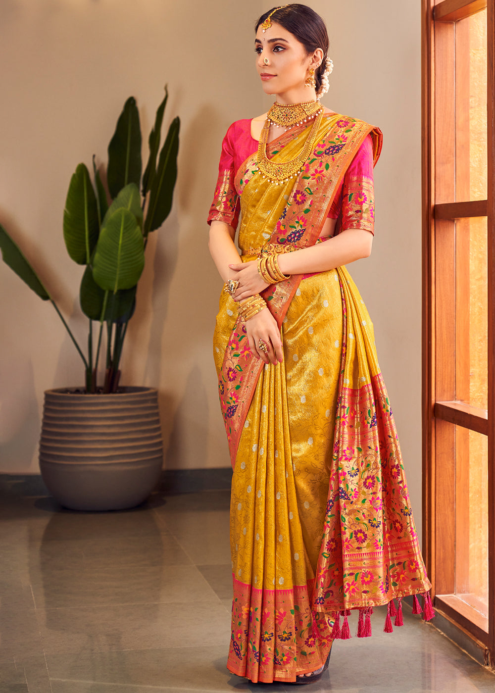 Buy MySilkLove Gorse Yellow Woven Paithani Silk Saree Online