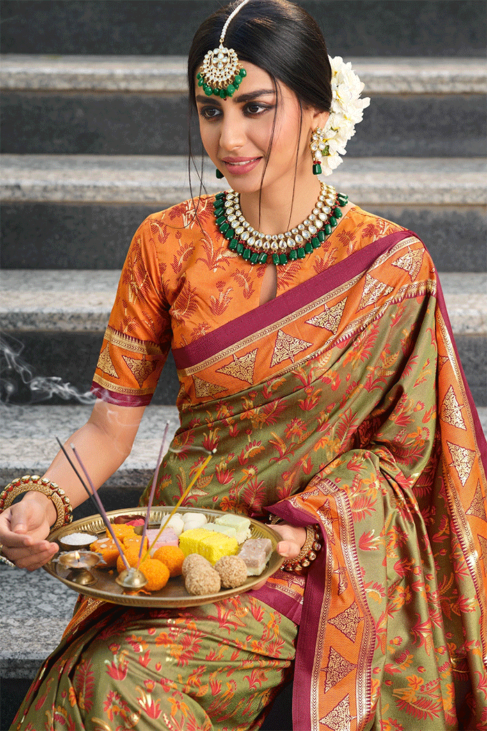 MySilkLove Barley Corn Green and Orange Patola Silk Saree