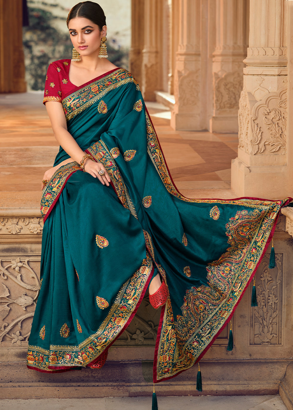 Buy MySilkLove Elephant Blue Woven Banarasi Saree with Embroidery Work Online