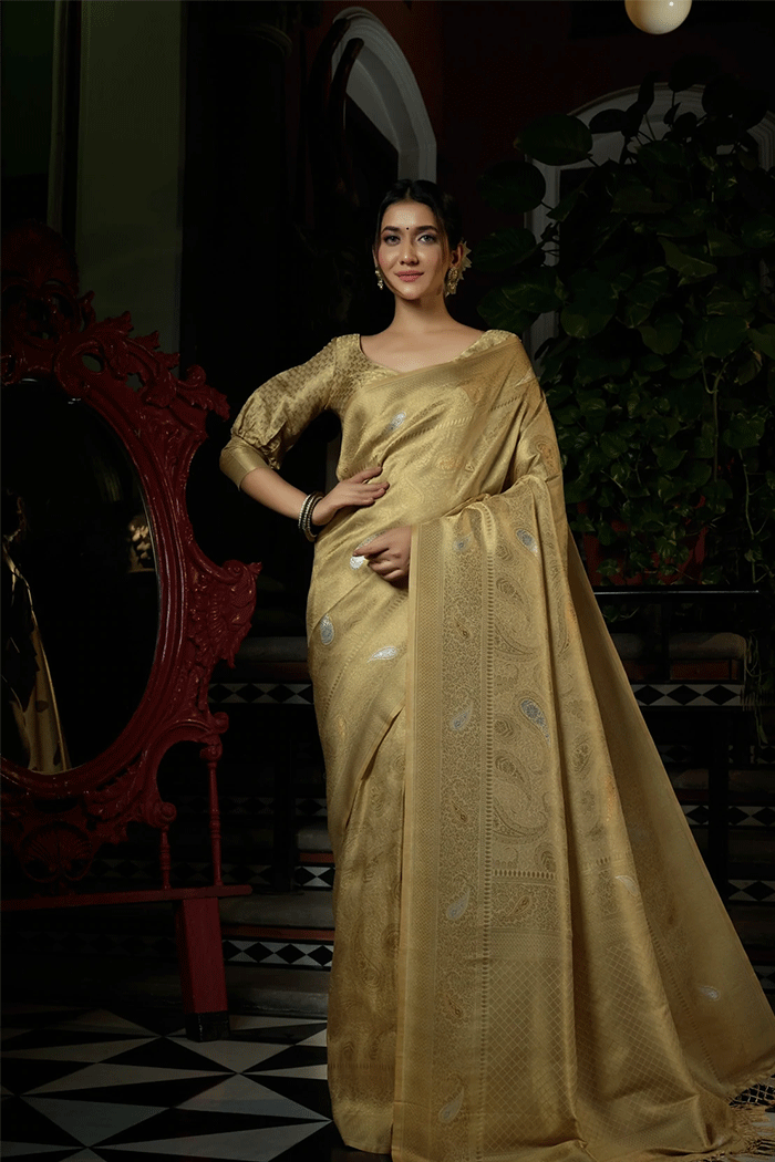 Buy MySilkLove Muesli Cream Zari Woven Kanjivaram Saree Online