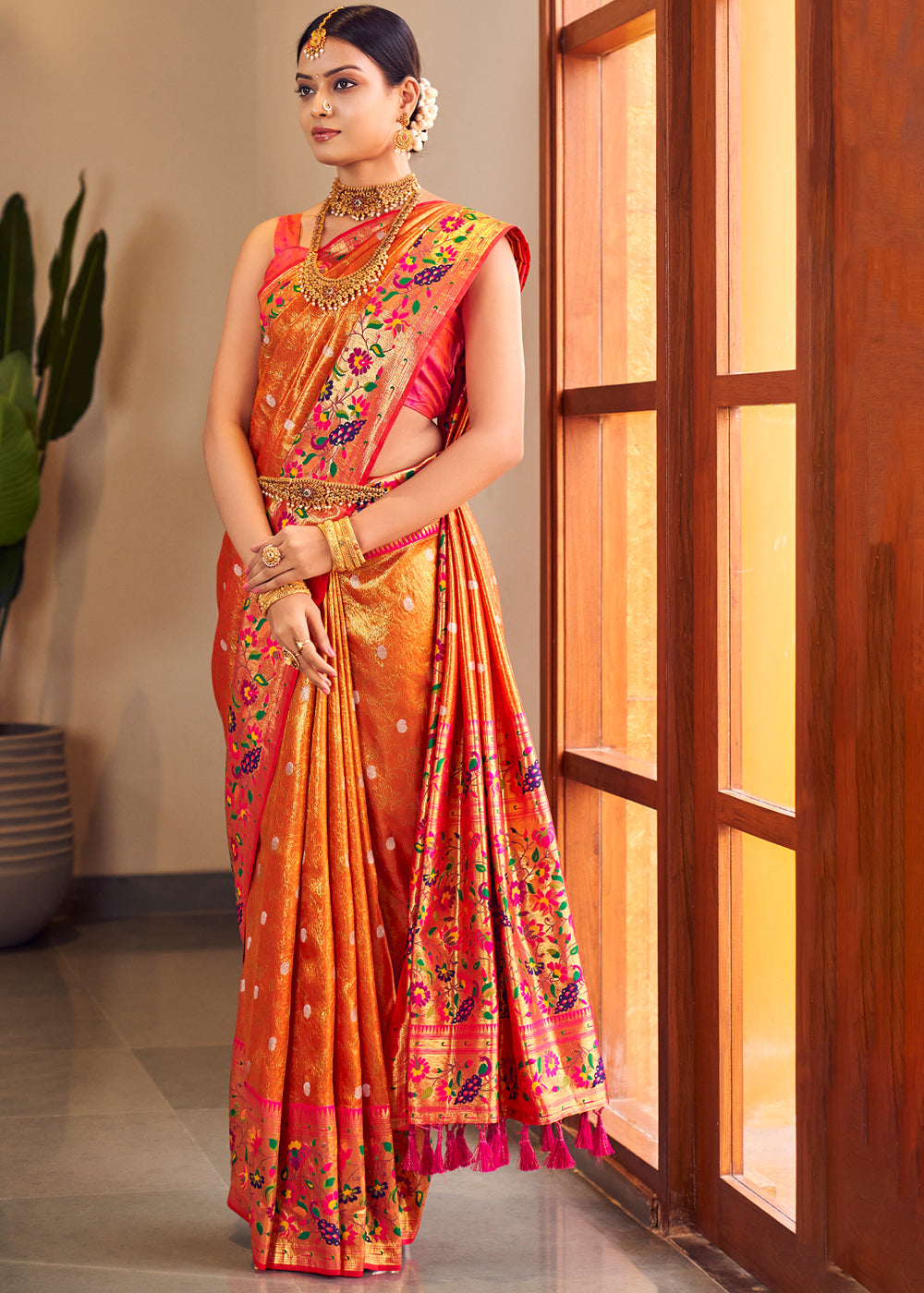 Buy MySilkLove Ochre Orange Woven Paithani Silk Saree Online