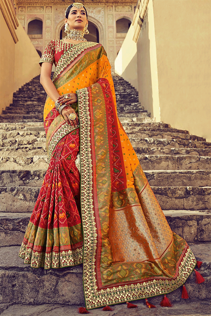 Buy MySilkLove Casablanca Orange and Red Zari Woven Patola Saree With Designer Blouse Online